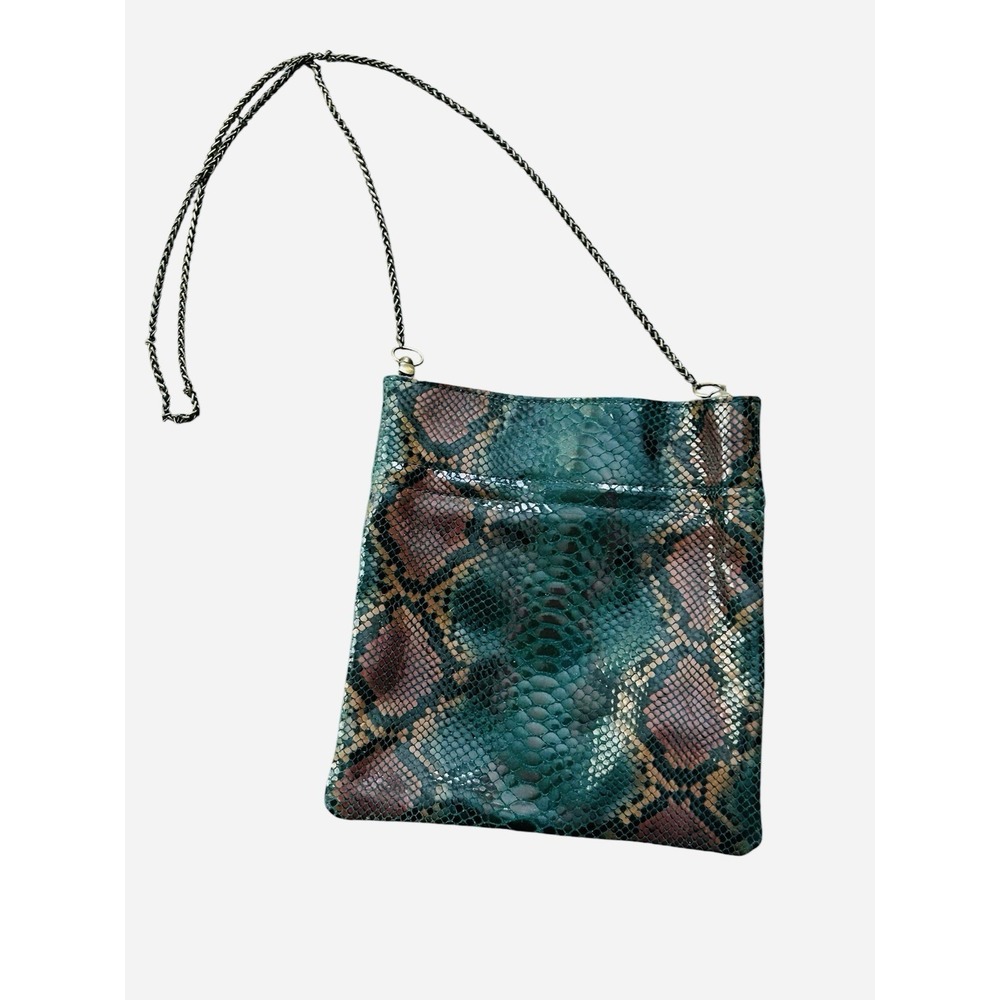 Free People Faux Snakeskin Leather Crossbody Bag Green Brown Chain Strap NWOT